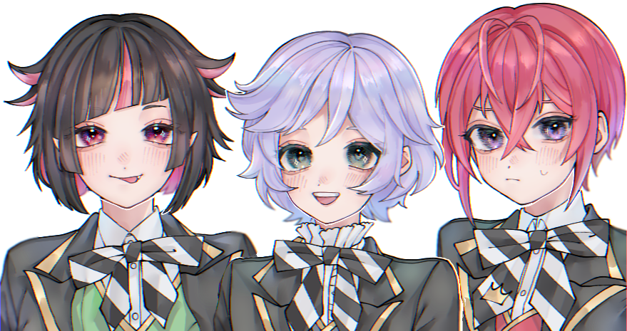 3boys :d :p ahoge bangs black_hair black_jacket blue_eyes blurry blurry_background blush bow center_frills chromatic_aberration collar collared_shirt diagonal_stripes epel_felmier fang fang_out frilled_collar frills hair_between_eyes hair_horns jacket lilia_vanrouge looking_at_viewer male_focus multicolored_hair multiple_boys night_raven_college_uniform open_mouth pink_hair pointy_ears purple_hair red_eyes redhead riddle_rosehearts shirt short_hair simple_background smile streaked_hair striped striped_neckwear sweat tongue tongue_out twisted_wonderland two-tone_hair upper_teeth vest white_background white_shirt yumei_(jigoku101)