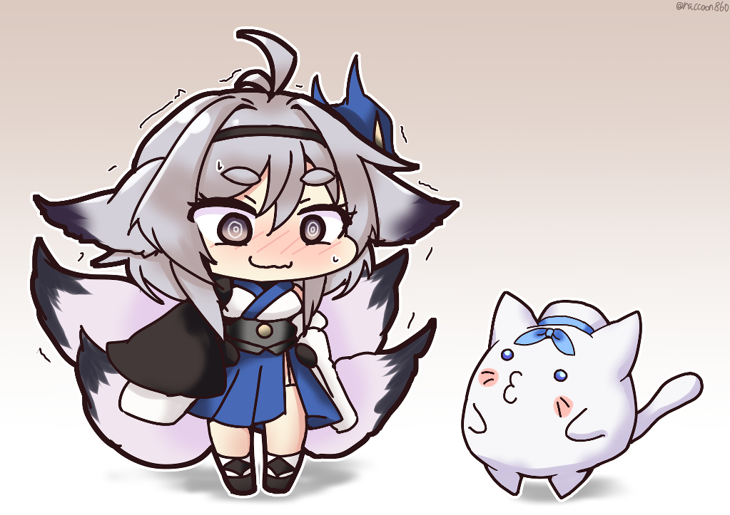 1girl animal azur_lane blue_skirt blush cat chibi fox_mask fox_tail mask mask_on_head meowfficer_(azur_lane) metal_belt multiple_tails pleated_skirt senhayama_(racoon) simple_background skirt smile tail thick_eyebrows tosa_(azur_lane) white_cat