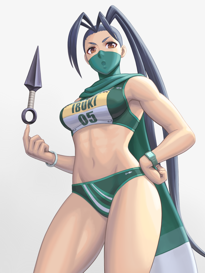 1girl abs antenna_hair balancing_on_finger black_hair breasts brown_eyes character_name commentary_request covered_mouth fingernails green_bloomers green_scarf green_sports_bra hand_on_hip high_ponytail ibuki_(street_fighter) kunai long_hair long_scarf mask medium_breasts mouth_mask navel noppo_(tarstation) official_alternate_costume olympian_bloomers scarf solo sports_bra standing street_fighter street_fighter_v tan thick_thighs thighs toned very_long_hair watch watch weapon white_background