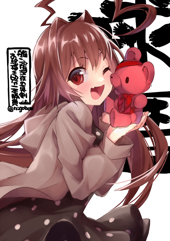 1girl ahoge background_text black_dress brown_eyes brown_hair brown_jacket character_name commentary_request cowboy_shot dress hood hooded_jacket hoodie huge_ahoge jacket kantai_collection kuma_(kantai_collection) long_hair looking_at_viewer nigo official_alternate_costume one_eye_closed polka_dot polka_dot_dress smile solo stuffed_animal stuffed_toy teddy_bear white_background