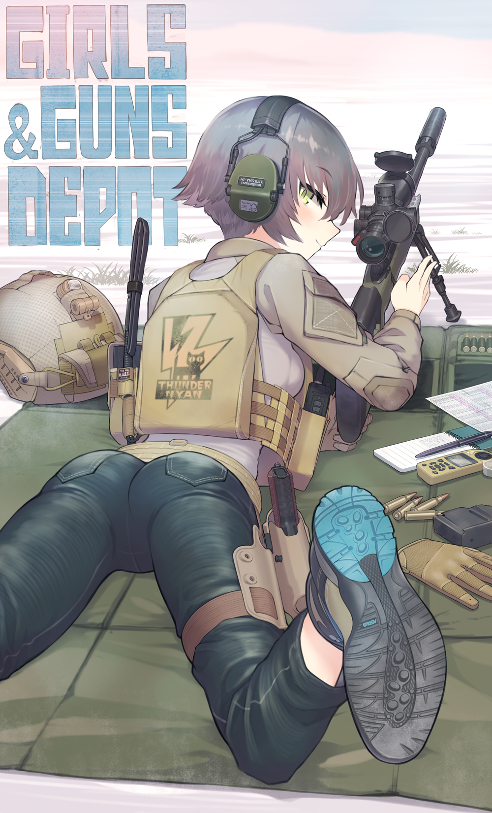 1girl ass blush boots breasts bullet combat_boots commentary_request denim ear_protection elbow_pads english_text from_behind gloves gloves_removed green_eyes grey_hair gun handgun headwear_removed helmet helmet_removed highres holstered_weapon jeans load_bearing_vest looking_at_viewer looking_back lying magazine_(weapon) military on_stomach original pants pistol rifle samaru_(seiga) scope short_hair small_breasts sniper sniper_rifle solo thigh_pouch tripod v walkie-talkie weapon