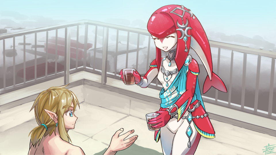 1boy 1girl ^_^ blonde_hair blue_eyes closed_eyes commentary day elf eyebrows_visible_through_hair fish_girl giving holding iced_tea link manatsu_no_yo_no_inmu mipha monbetsu_kuniharu outdoors parody pointy_ears ponytail rooftop the_legend_of_zelda the_legend_of_zelda:_breath_of_the_wild zora