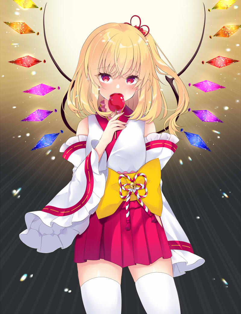1girl alternate_costume backlighting bangs bare_shoulders blonde_hair blush bow breasts candy_apple commentary_request contrapposto cowboy_shot crystal dark_background detached_sleeves eating eyebrows_visible_through_hair flandre_scarlet food frills gradient gradient_background hair_between_eyes hair_ribbon japanese_clothes looking_at_viewer medium_hair miko no_hat no_headwear one_side_up red_eyes red_ribbon red_skirt ribbon rope shimenawa simple_background skirt small_breasts solo standing sunburst thigh-highs tosakaoil touhou white_legwear white_robe wide_sleeves wings yellow_bow zettai_ryouiki
