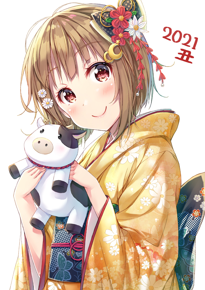 1girl animal arms_up bangs blush brown_hair chinese_zodiac closed_mouth eyebrows_visible_through_hair floral_print flower hair_flower hair_ornament head_tilt holding holding_animal japanese_clothes kimono long_sleeves looking_at_viewer love_live! love_live!_nijigasaki_high_school_idol_club love_live!_school_idol_festival_all_stars nakasu_kasumi new_year obi print_kimono red_eyes red_flower sash short_hair simple_background smile solo tomo_wakui upper_body white_background white_flower wide_sleeves
