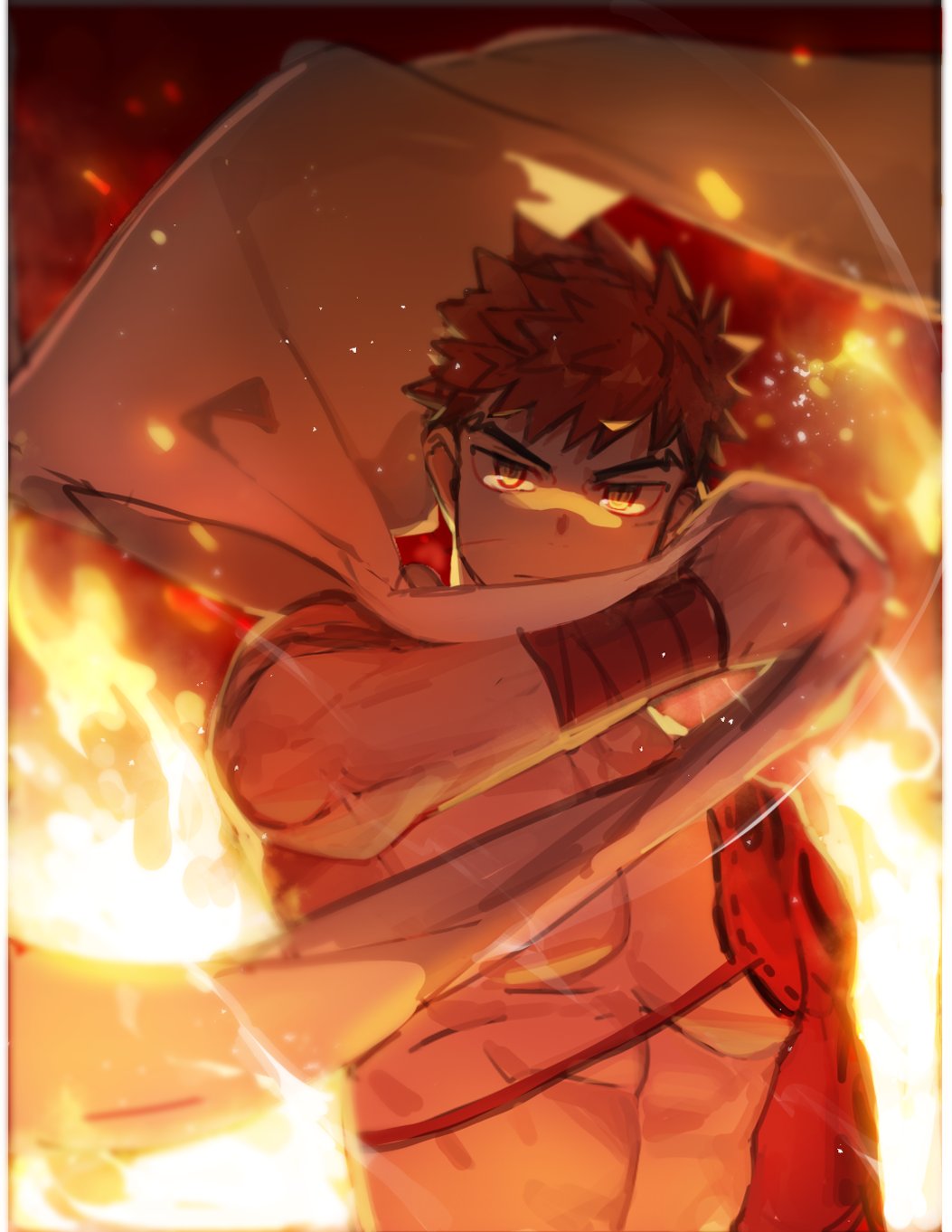 1boy abs bare_pecs cape embers fate/grand_order fate_(series) fire gondom highres igote japanese_clothes looking_at_viewer male_focus muscular muscular_male orange_hair pectorals redhead sengo_muramasa_(fate) short_hair solo upper_body white_cape wind wind_lift yellow_eyes