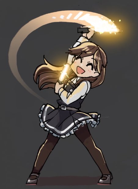 1girl :d ^_^ arashio_(kantai_collection) arm_warmers black_legwear brown_eyes brown_hair cheering closed_eyes dress frilled_dress frills kantai_collection light_stick long_hair long_sleeves mizuki_kyou open_mouth pantyhose pinafore_dress shirt skirt smile white_shirt