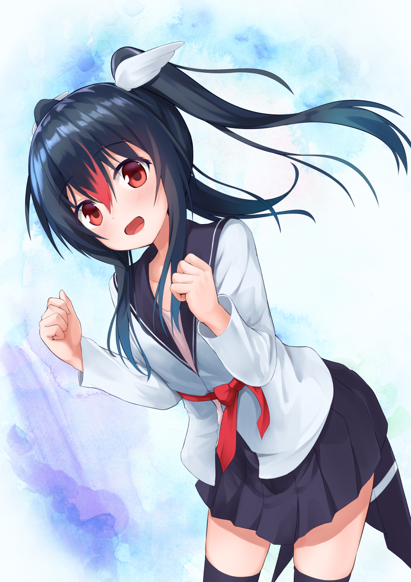 1girl akabane_hibame bangs black_collar black_legwear black_skirt blush collar collarbone dark_blue_hair eyebrows_visible_through_hair hair_between_eyes hands_up head_wings highres long_sleeves medium_hair multicolored_hair original pleated_skirt red_eyes red_ribbon redhead ribbon school_uniform serafuku skirt solo standing twintails