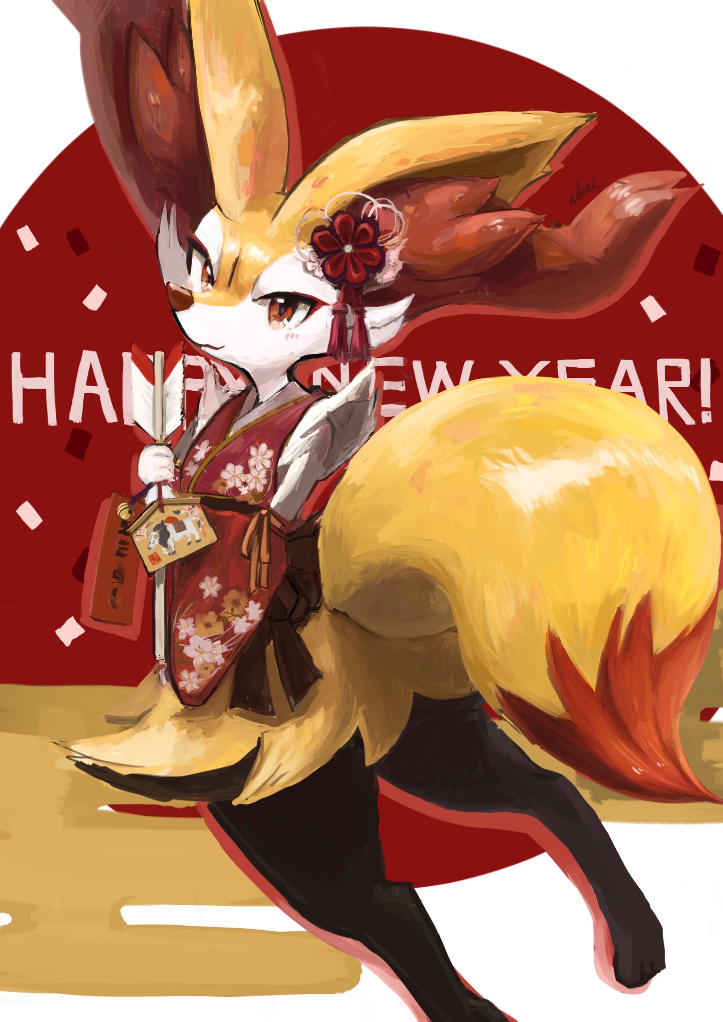 1girl animal_ear_fluff animal_ears animal_nose arrow_(projectile) bell black_fur blush body_fur braixen closed_mouth clothed_pokemon commentary confetti detached_sleeves english_commentary english_text flat_chest floral_print flower fox_ears fox_girl fox_tail from_behind furry gen_6_pokemon hair_flower hair_ornament hamaya hands_up happy happy_new_year highres holding holding_arrow ikei japanese_clothes jingle_bell jpeg_artifacts kimono light_blush looking_at_viewer looking_back new_year paws pokemon pokemon_(creature) red_background red_eyes red_flower red_fur red_kimono red_sleeves sleeveless sleeveless_kimono smile snout solo tail white_fur yellow_fur