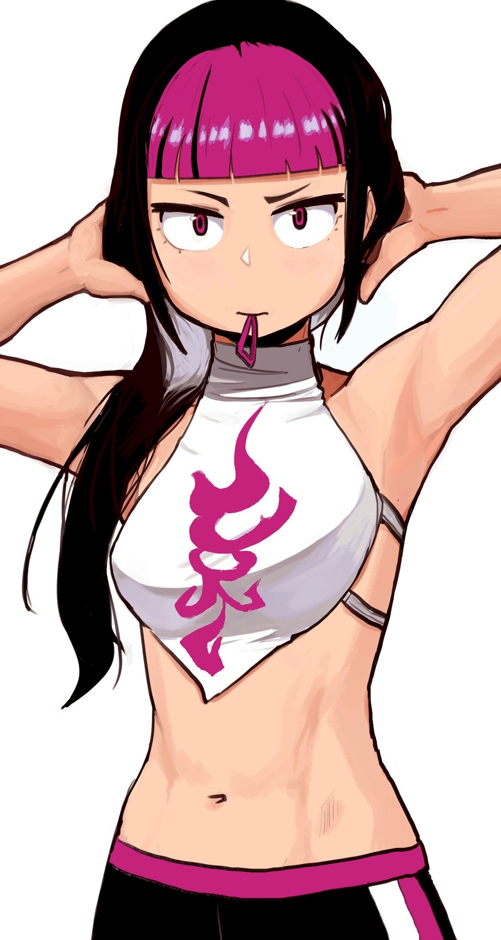 1girl adjusting_hair armpits arms_behind_head arms_up bangs black_hair blunt_bangs breasts chinese_clothes dudou hair_tie hair_tie_in_mouth han_juri highres lineni long_hair midriff mouth_hold multicolored_hair navel pants purple_hair sleeveless small_breasts solo street_fighter street_fighter_v toned track_pants two-tone_hair tying_hair violet_eyes white_background
