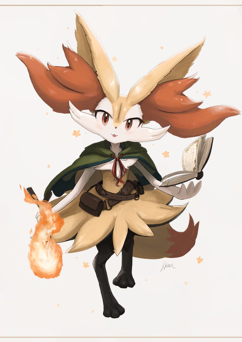 1girl :3 animal_ear_fluff animal_ears artist_name belt black_fur blush body_fur book braixen clothed_pokemon commentary_request english_commentary fire floating floating_object fox_ears fox_girl fox_tail full_body furry gen_6_pokemon green_capelet grey_background happy head_tilt holding holding_stick ikei jpeg_artifacts light_blush looking_at_viewer making-of_available mixed-language_commentary open_book open_mouth partial_commentary paws pokemon pokemon_(creature) pouch red_eyes signature simple_background smile solo standing star_(symbol) stick tail white_fur yellow_fur