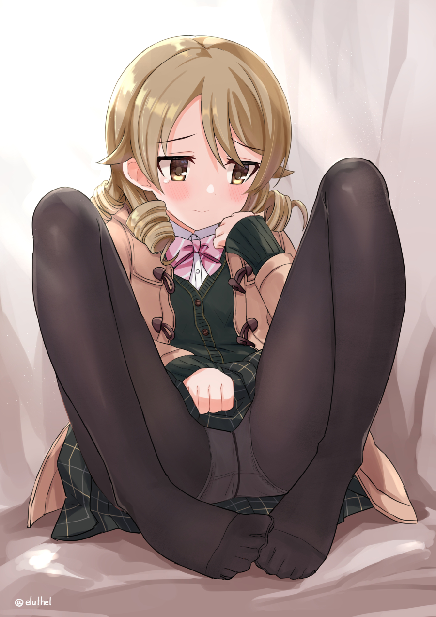 1girl bangs black_legwear blush bow bowtie brown_eyes cardigan closed_mouth coat crotch_seam drill_hair eluthel eyebrows_visible_through_hair green_skirt highres idolmaster idolmaster_cinderella_girls light_brown_hair morikubo_nono no_shoes panties panties_under_pantyhose pantyhose pink_neckwear plaid plaid_skirt pleated_skirt ringlets shirt sitting skirt sleeves_past_wrists solo spread_legs swept_bangs tears toes underwear white_panties white_shirt