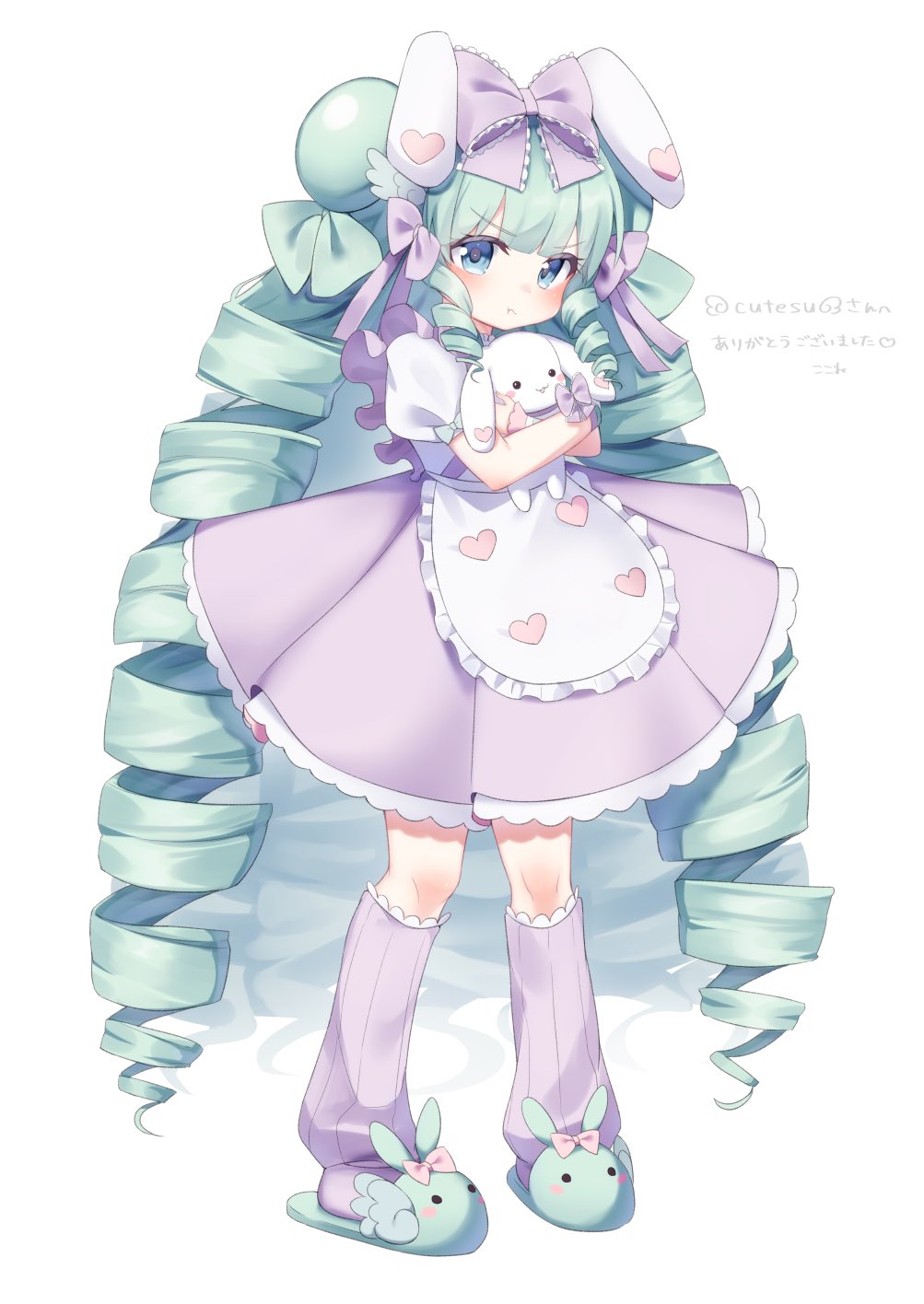 1girl :t animal_ears animal_slippers apron blue_eyes blush bow bunny_slippers closed_mouth commentary_request commission cutesu_(cutesuu) drill_hair frilled_apron frilled_bow frills full_body green_footwear green_hair hair_bow highres kneehighs kokone_(coconeeeco) long_hair looking_at_viewer loose_socks object_hug original pleated_skirt pout puffy_short_sleeves puffy_sleeves purple_bow purple_legwear purple_skirt rabbit_ears ribbed_legwear shirt short_sleeves simple_background skeb_commission skirt slippers slit_pupils solo standing stuffed_animal stuffed_bunny stuffed_toy translation_request very_long_hair waist_apron white_background white_shirt