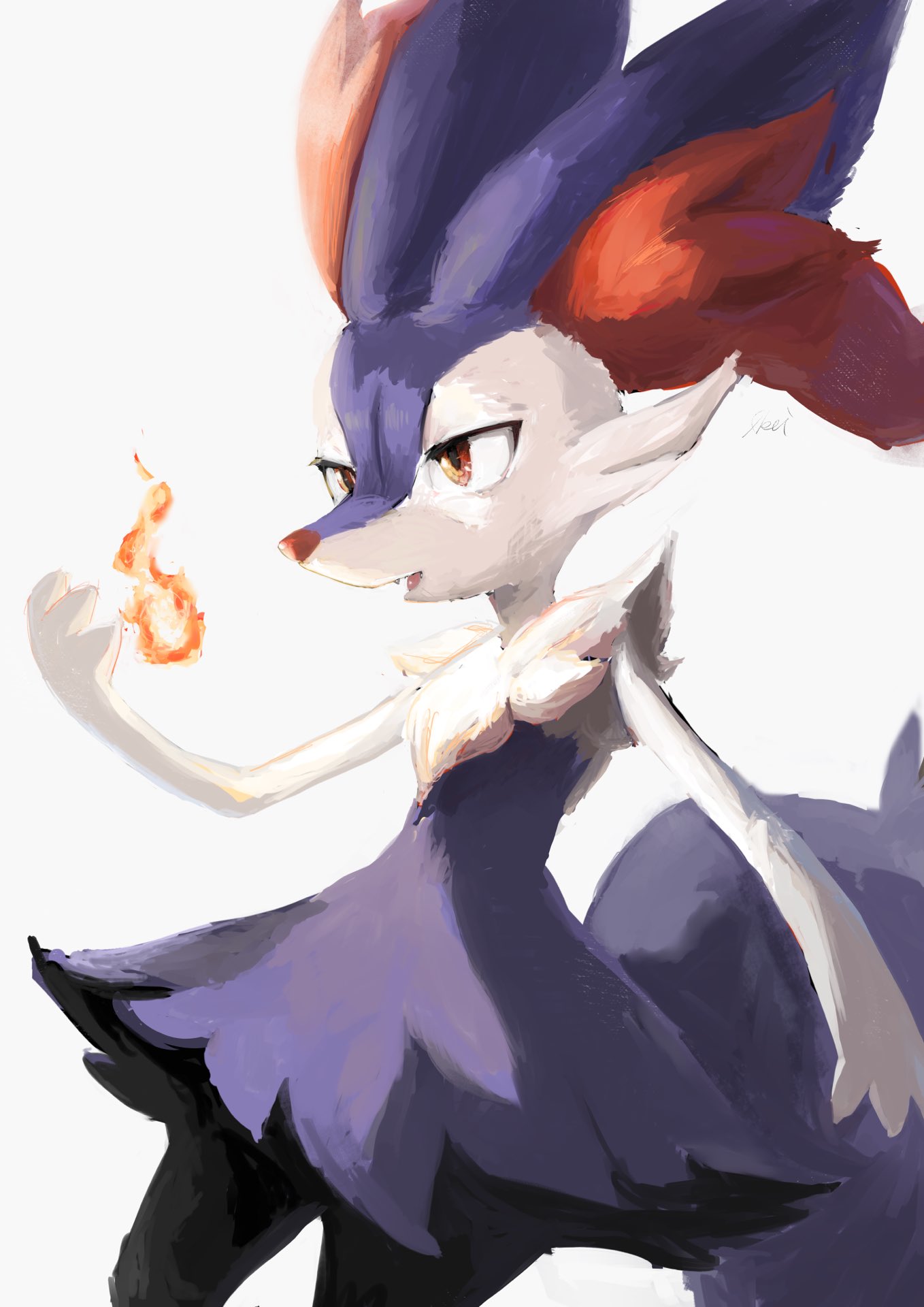 1girl alternate_color animal_ear_fluff animal_ears artist_name black_fur body_fur braixen commentary cowboy_shot fang fire fox_ears fox_girl fox_tail gen_6_pokemon hand_up happy highres ikei jpeg_artifacts magic open_mouth pokemon pokemon_(creature) purple_fur red_eyes shiny_pokemon signature simple_background smile solo standing tail tongue white_background white_fur