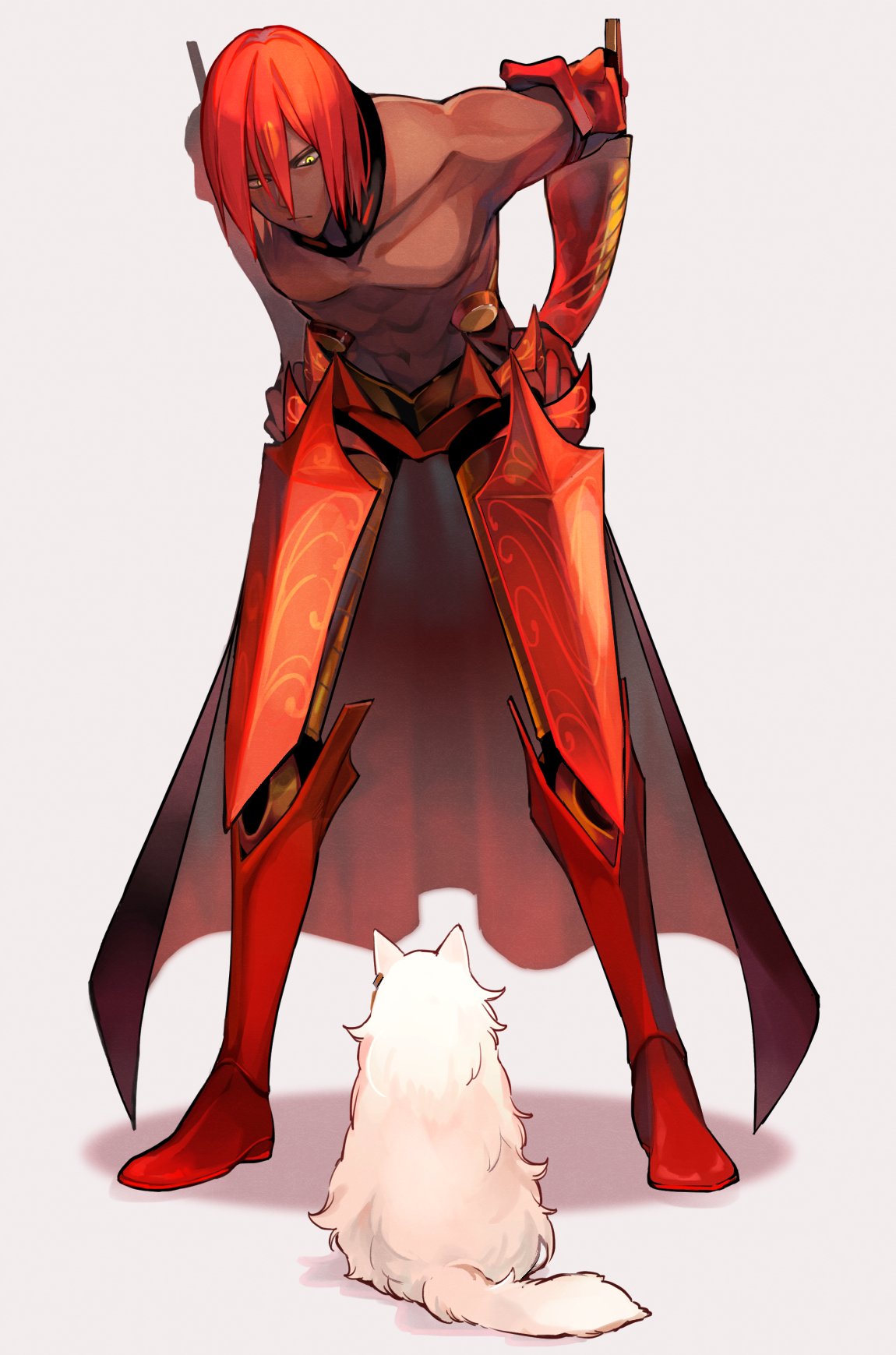 1boy abs animal ashwatthama_(fate/grand_order) dark_skin dog fate/grand_order fate_(series) hertz_(tsuquart) highres looking_at_animal male_focus red_armor redhead white_dog