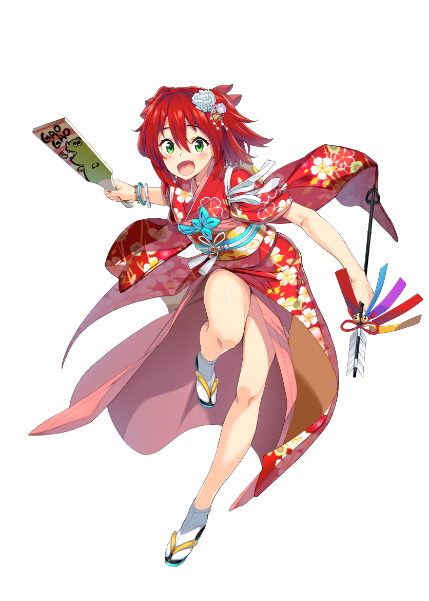 1girl akari_sonozaki arrow_(projectile) bangs bracelet breasts escalation_heroines floral_print flower full_body green_eyes hair_flower hair_ornament holding holding_arrow holding_paddle japanese_clothes jewelry kimono medium_hair obi open_mouth red_kimono redhead sandals sash simple_background solo tabi white_background white_footwear