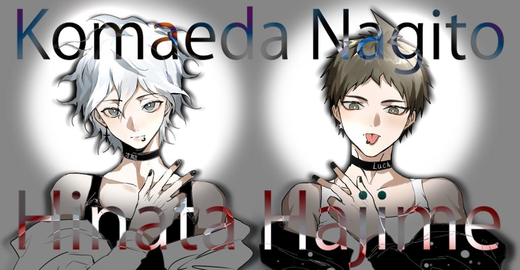 2boys :p alternate_costume bare_shoulders black_choker black_jacket black_nails brown_hair choker collarbone commentary_request cross cross_earrings dangan_ronpa_(series) dangan_ronpa_2:_goodbye_despair earrings fingernails gradient gradient_background grey_background grey_hair hinata_hajime jacket jewelry komaeda_nagito looking_at_viewer male_focus multiple_boys nail_polish off_shoulder piercing puffy_sleeves short_hair star_(symbol) star_earrings tank_top tongue tongue_out tongue_piercing translation_request tuteurfars_shin upper_body w white_hair white_jacket white_tank_top