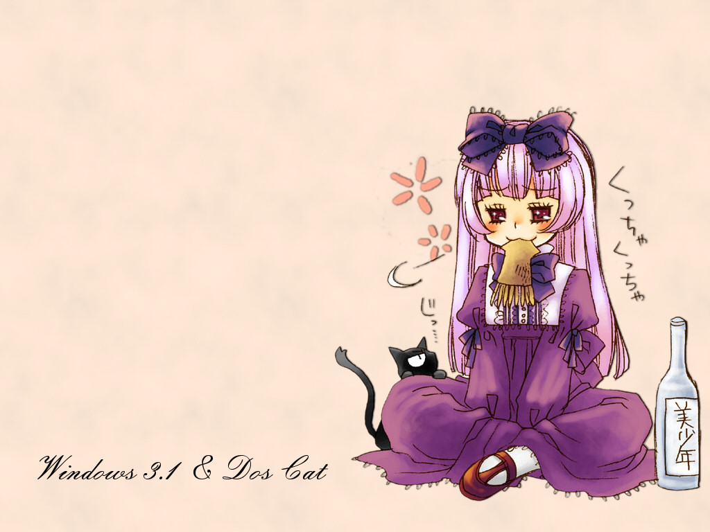 1girl 3.1-tan animal blush bow cat character_name dos_cat gothic_lolita os-tan red_eyes silver_eyes simple_background sitting wallpaper windows