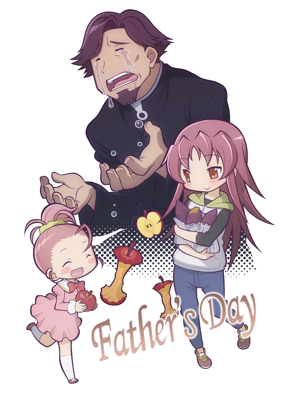 1boy 2girls =_= apple apple_core blush_stickers brown_hair facial_hair family father's_day father_and_daughter food fruit gecchu goatee hair_down high_ponytail highres hoodie kyouko's_father_(madoka_magica) mahou_shoujo_madoka_magica multiple_girls open_mouth pink_d red_eyes redhead sakura_kyouko sakura_momo scrunchie siblings sisters smile sweet_potato tears