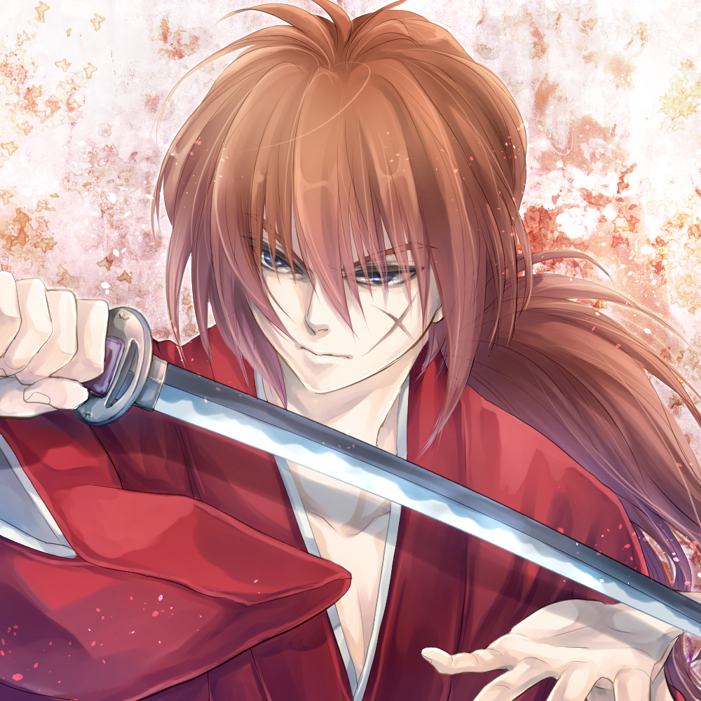 1boy ai_(ai1470) bangs blue_eyes himura_kenshin katana long_hair ponytail redhead rurouni_kenshin scar solo sword weapon