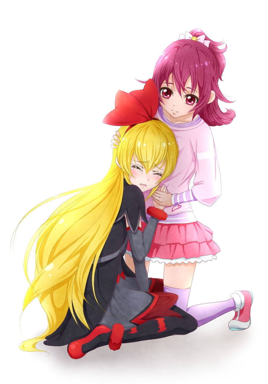 2girls aida_mana bat_print blonde_hair bow casual closed_eyes collarbone dokidoki!_precure hair_bow half_updo highres holding_hands hug kneeling multiple_girls pantyhose pink_eyes pink_hair precure regina_(dokidoki!_precure) sitting smile tears uta_(yagashiro25) wariza