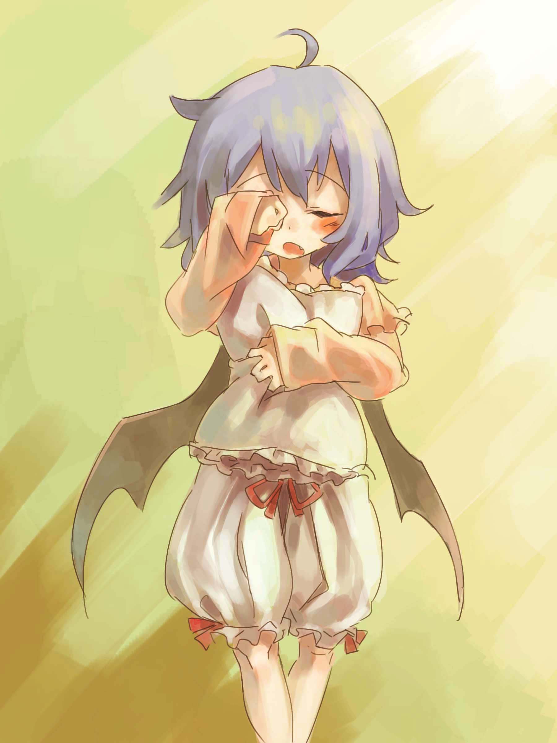 1girl absurdres ahoge alternate_costume azuki_(azuki-taste) bat_wings black_wings bloomers blue_hair bow closed_eyes covering covering_one_eye fang frills highres long_sleeves no_hat no_headwear open_mouth pillow pillow_hug remilia_scarlet rubbing_eyes shirt short_hair simple_background solo sunlight touhou underwear wings yawning