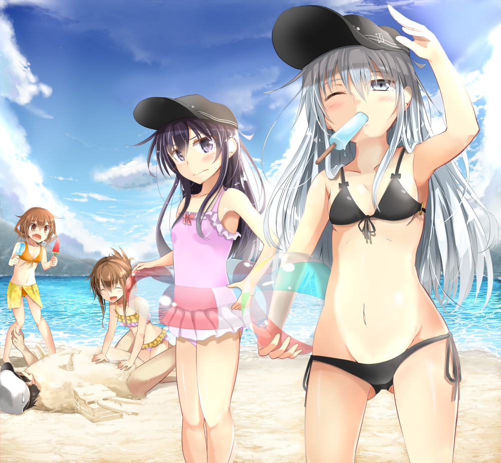 1boy 4girls ^_^ ^o^ admiral_(kantai_collection) akatsuki_(kantai_collection) ball beach beachball bikini bikini_skirt black_hair blue_eyes brown_eyes brown_hair casual_one-piece_swimsuit closed_eyes clouds flat_cap folded_ponytail frilled_bikini frills hair_ornament hairclip hako_roku hat hibiki_(kantai_collection) ikazuchi_(kantai_collection) inazuma_(kantai_collection) innertube island kantai_collection long_hair multiple_girls one-piece_swimsuit open_mouth personification popsicle sand_sculpture short_hair silver_hair smile sunlight swimsuit water