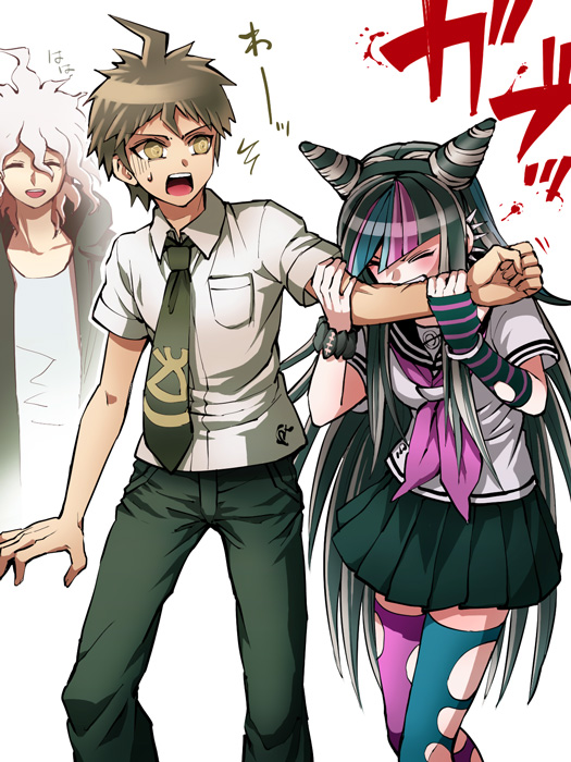 1girl 2boys ahoge arm_warmers biting brown_eyes brown_hair closed_eyes dangan_ronpa ear_piercing hinata_hajime hoodie komaeda_nagito mioda_ibuki mismatched_legwear multicolored_hair multiple_boys necktie open_mouth piercing school_uniform serafuku smile super_dangan_ronpa_2 sweat thigh-highs torn_thighhighs white_hair zakki