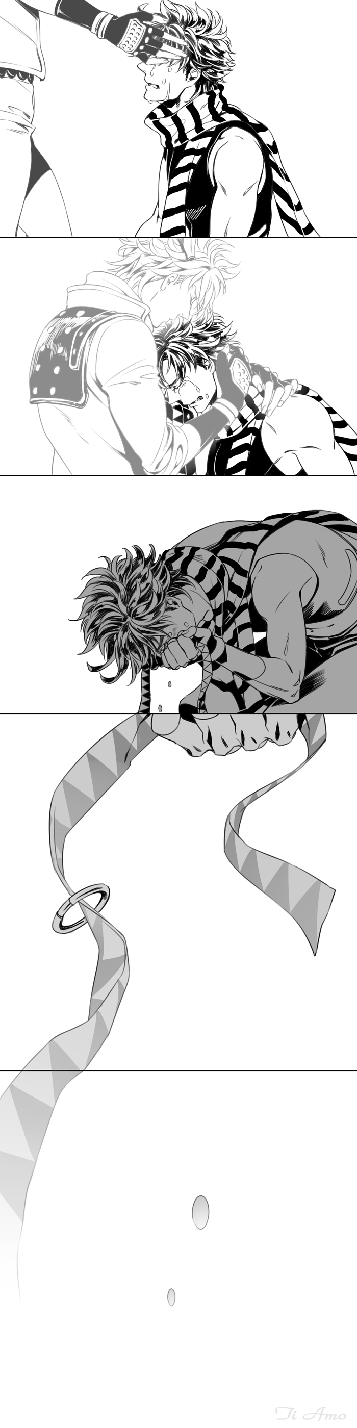 a_s_h_e_s absurdres caesar_anthonio_zeppeli crying fingerless_gloves ghost gloves greyscale highres hug jewelry jojo_no_kimyou_na_bouken joseph_joestar_(young) long_image monochrome ribbon ring scarf striped striped_scarf tall_image tears