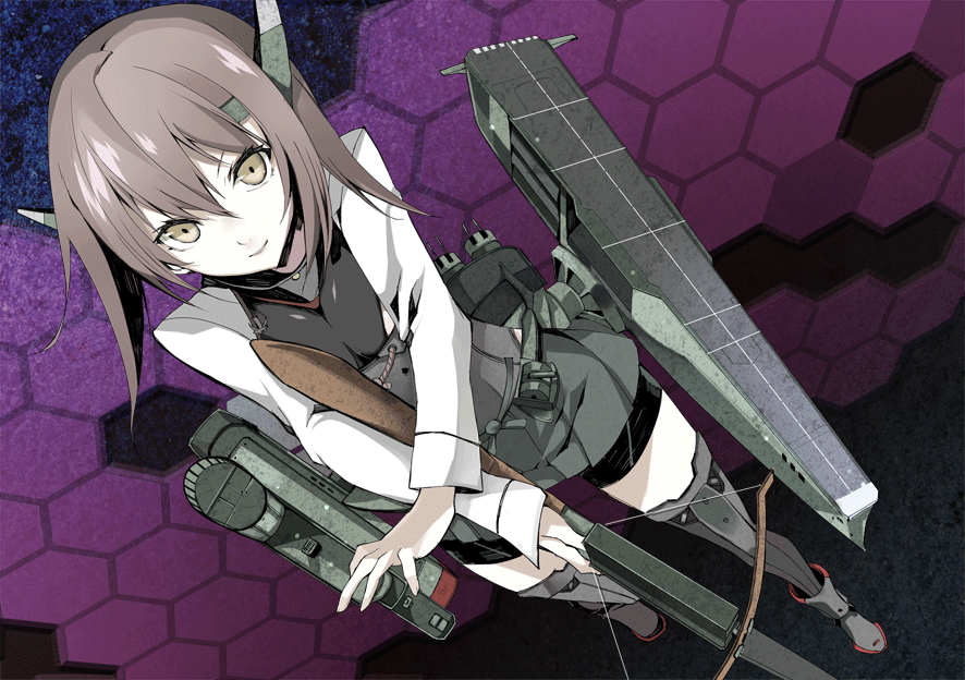 1girl atoshi bike_shorts bow_(weapon) brown_eyes brown_hair crossbow headgear kantai_collection personification short_hair solo taihou_(kantai_collection) thighhighs weapon