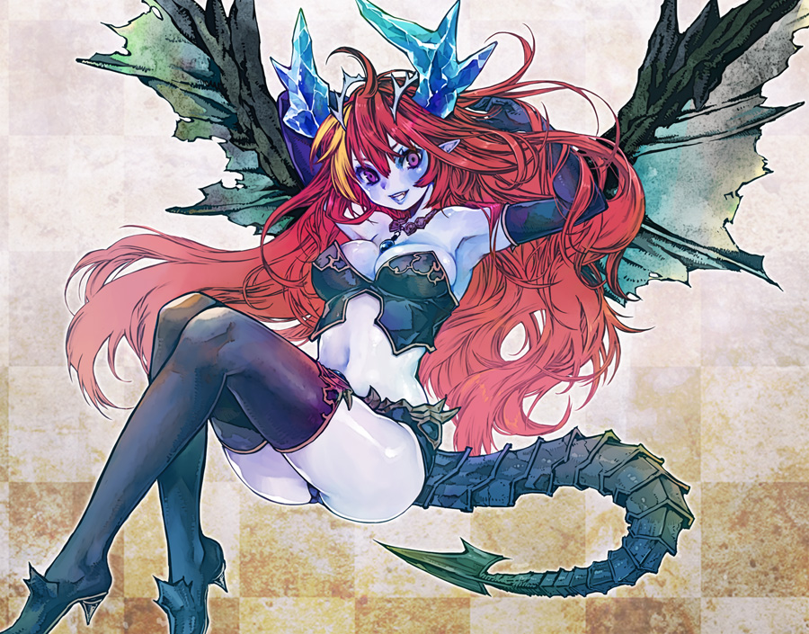 1girl blue_skin breasts cleavage demon_girl demon_wings elbow_gloves gloves hera_(p&amp;d) horns jewelry long_hair necklace pointy_ears puzzle_&amp;_dragons redhead solo suga_koharu tail thighhighs wings