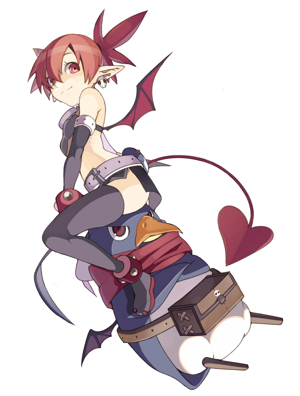 1girl belt cats_brain crossed_arms demon_tail demon_wings disgaea etna laharl pointy_ears pouch prinny red_eyes redhead scarf short_hair sitting smile tail twintails wings