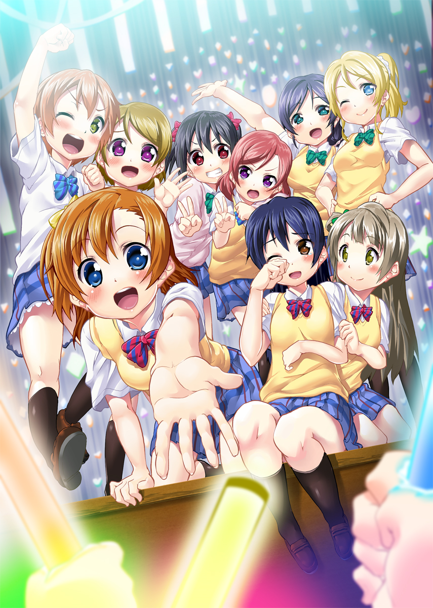 6+girls ayase_eli ekakibito green_eyes highres hoshizora_rin kneeling koizumi_hanayo kousaka_honoka love_live!_school_idol_project minami_kotori multiple_girls nishikino_maki outstretched_arm outstretched_hand red_eyes school_uniform skirt sonoda_umi sweater_vest toujou_nozomi violet_eyes wink yazawa_nico yellow_eyes