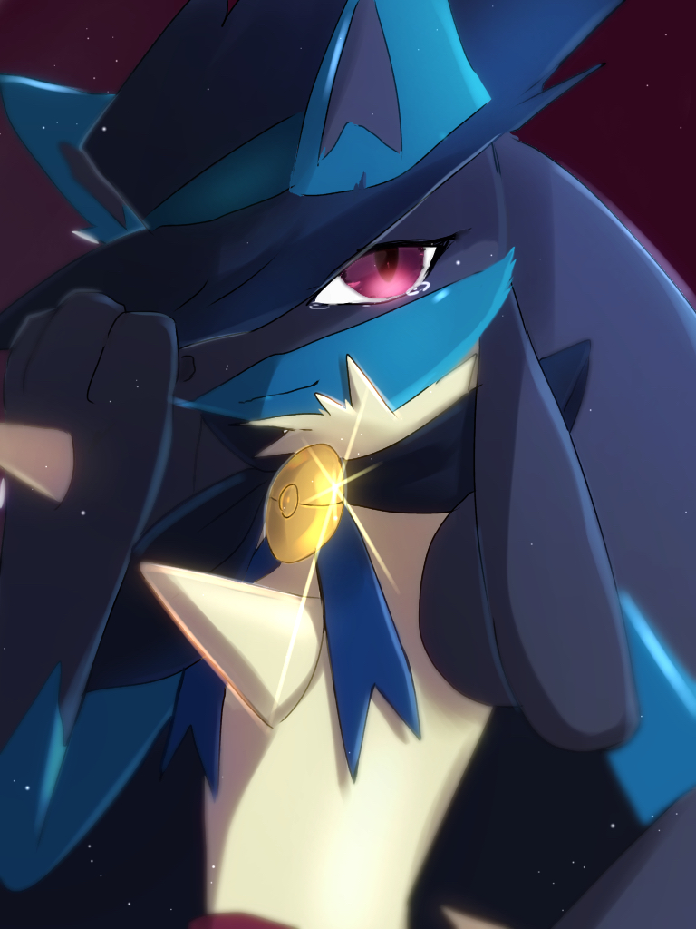 1boy adjusting_clothes adjusting_headwear animal_ears black_fur blue_cape blue_fur blue_headwear blue_ribbon body_fur brooch cape closed_mouth clothed_pokemon commentary cosplay furry gen_4_pokemon glint hand_up hat iogi_(iogi_k) jewelry light_particles looking_at_viewer lucario male_focus one_eye_covered poke_ball_theme pokemon pokemon_(anime) pokemon_m08 pokemon_rse_(anime) purple_background ribbon sad sideways_mouth simple_background sir_aaron sir_aaron_(cosplay) smile solo spikes tears textless violet_eyes wolf_boy wolf_ears yellow_fur