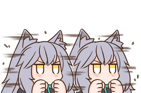 1girl afterimage animal_ear_fluff animal_ears arknights bangs black_shirt blush clenched_hands eyebrows_visible_through_hair grey_hair guin_guin lowres projekt_red_(arknights) shirt simple_background speed_lines upper_body v-shaped_eyebrows white_background yellow_eyes