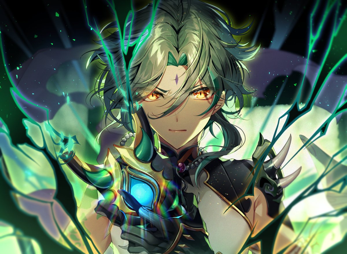 1boy arm_up asymmetrical_clothes bead_necklace beads black_background black_gloves blurry blurry_background closed_mouth commentary energy facial_mark genshin_impact glaring gloves green_hair holding jewelry lightning looking_at_viewer male_focus necklace shirt short_hair simple_background solo upper_body urashima_(hidoro_mgmg) vision_(genshin_impact) white_shirt xiao_(genshin_impact) yellow_eyes