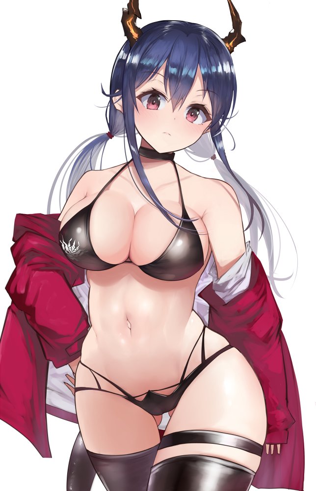 1girl arknights ass_visible_through_thighs azur_lane bangs bare_shoulders bikini black_bikini black_choker black_legwear blue_hair breasts ch'en_(arknights) choker commentary_request cosplay cowboy_shot dragon_horns hair_between_eyes horns jacket large_breasts long_hair long_sleeves looking_at_viewer navel off_shoulder red_eyes red_jacket simple_background solo standing stomach swimsuit taihou_(azur_lane) taihou_(azur_lane)_(cosplay) thigh-highs thighs white_background yuzuruka_(bougainvillea)