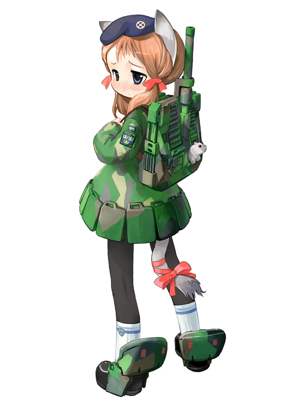 1girl animal_ears backpack bag beret black_eyes black_footwear black_legwear blue_headwear blush bow brown_hair cannon full_body gas_can girl_arms hair_bow hair_ribbon hat holding_strap mecha_musume military military_uniform mouse no_nose pantyhose personification photoshop_(medium) red_ribbon ribbon sad shoes socks solo stridsvagn_103_(personification) sweden swedish_flag swedish_uniform tail tail_bow tail_ornament tail_ribbon tre_kronor twintails uniform violet_eyes white_background white_footwear white_legwear zeco