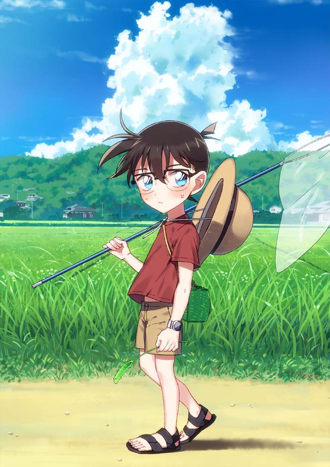 1boy bangs blue_eyes blue_sky blush butterfly_net casual child closed_mouth clouds commentary_request day edogawa_conan field full_body glasses grass hair_between_eyes hand_net hat hat_around_neck holding holding_butterfly_net house k_gear_labo looking_at_viewer male_focus meitantei_conan midriff_peek outdoors red_shirt sandals shadow shirt short_hair short_sleeves sky solo standing straw_hat sweat watch watch