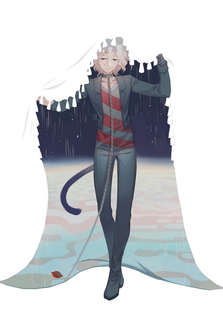 1boy bangs black_footwear black_jacket black_pants cat_boy cat_tail chain chained closed_mouth collar collarbone commentary_request crossed_legs dangan_ronpa_(series) dangan_ronpa_another_episode:_ultra_despair_girls grey_hair hair_between_eyes half-closed_eyes hands_up holding jacket komaeda_nagito leaf lifting long_sleeves looking_at_viewer mai_ji_xiao_xiong male_focus metal_collar official_alternate_costume pants shirt shoes short_hair smile solo standing striped striped_shirt tail watson_cross white_background