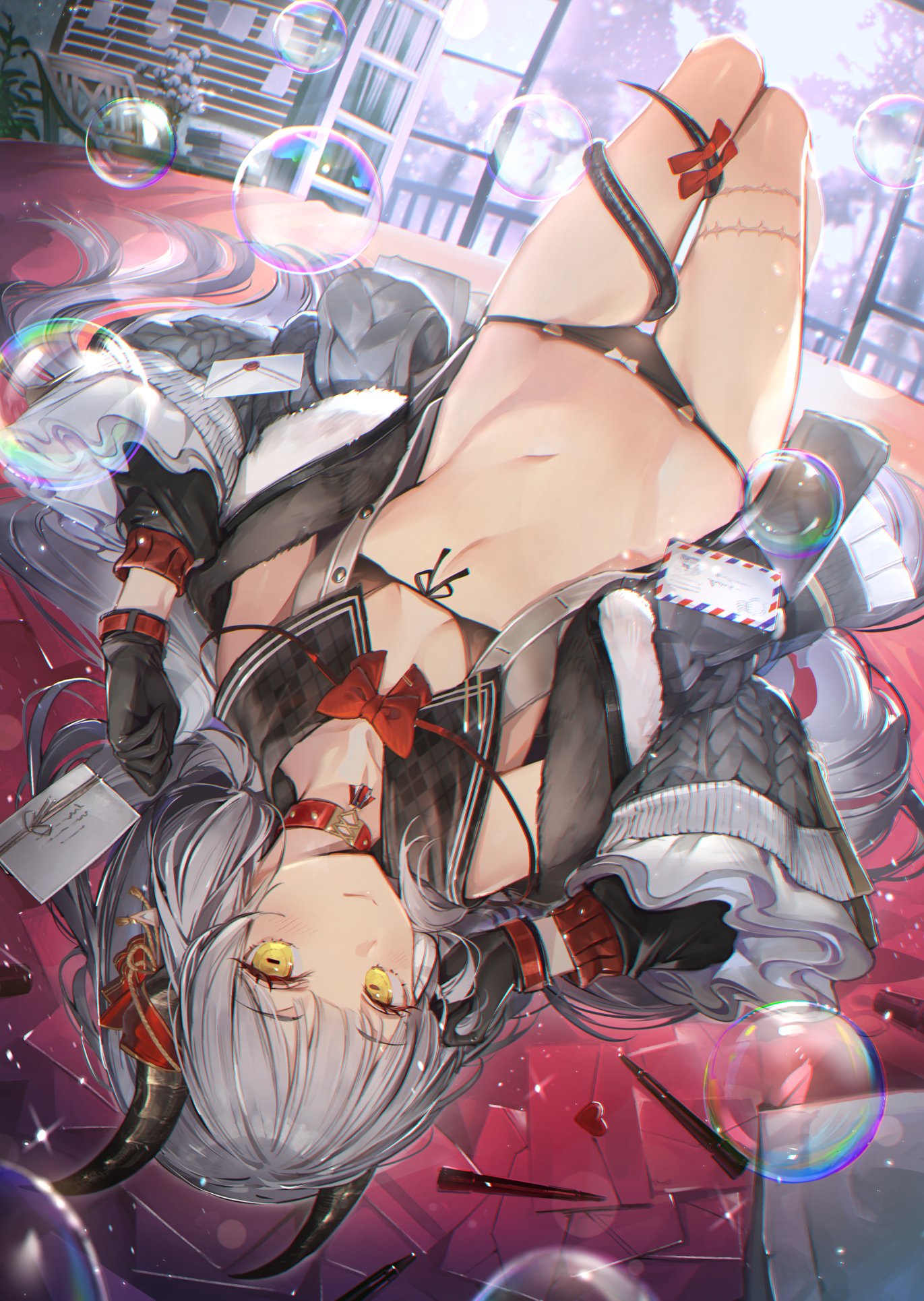 1girl armpits bare_shoulders black_gloves black_jacket black_panties bow bowtie bubble buttons choker closed_mouth collarbone crop_top envelope flat_chest fur_trim gloves grey_shirt hands_up highres horn_ornament horn_ribbon horns jacket kaerunoko leg_up long_hair long_sleeves looking_at_viewer lying midriff navel no_pants off_shoulder on_back open_clothes open_jacket open_shirt original panties red_choker ribbon sailor_collar shirt silver_hair sleeveless sleeveless_shirt smile solo stomach string_panties symbol-shaped_pupils tail tail_around_leg tail_ornament tail_ribbon thigh_gap thighs unbuttoned unbuttoned_shirt underwear upside-down wide_sleeves yellow_eyes