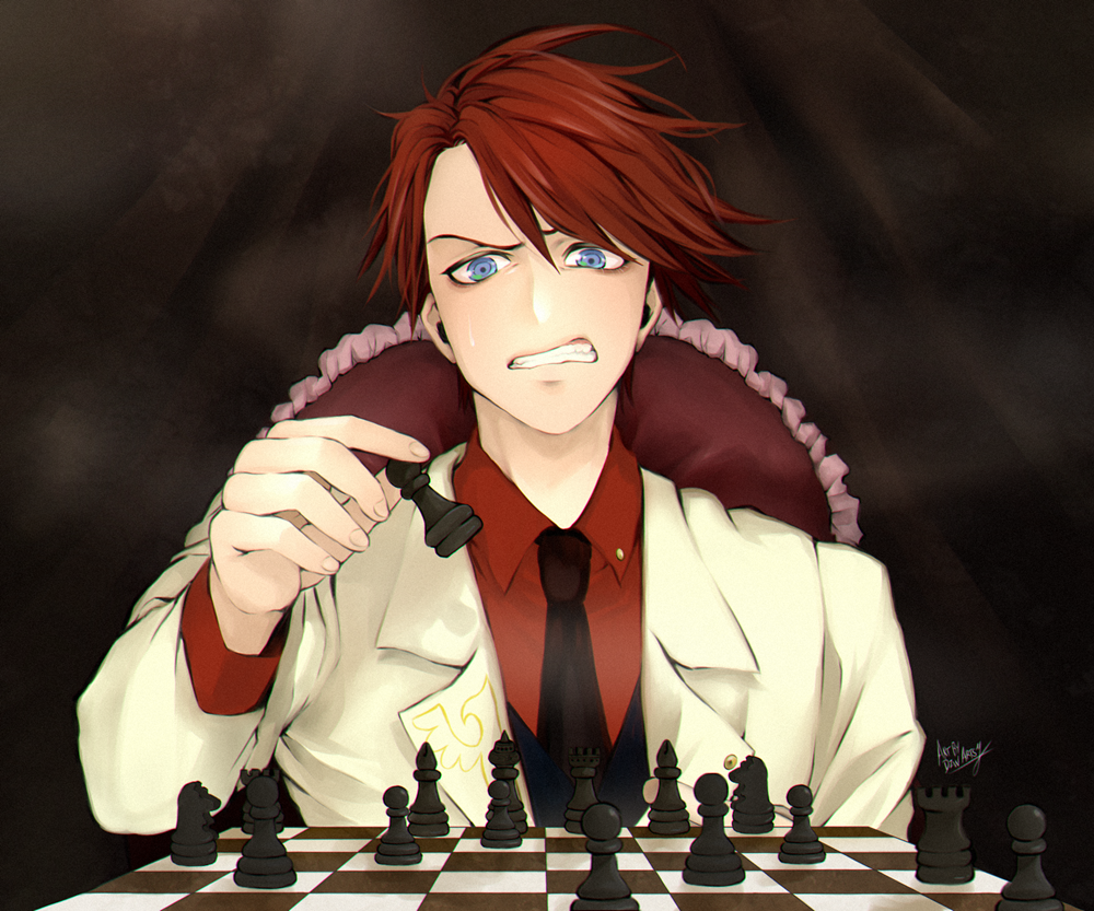 1boy bishop_(chess) black_neckwear blue_eyes board_game chess chess_piece chessboard dzwartsy formal king_(chess) knight_(chess) pawn queen_(chess) red_shirt redhead rook_(chess) shirt solo suit umineko_no_naku_koro_ni ushiromiya_battler vest