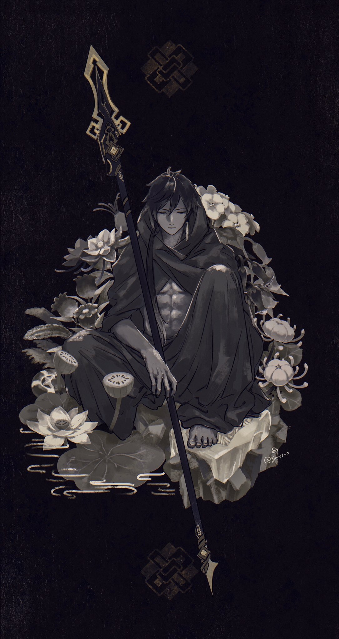 1boy abs baggy_pants bangs barefoot closed_eyes closed_mouth flower genshin_impact ginnssno greyscale hair_between_eyes highres holding holding_weapon hood hood_down jewelry leaf long_hair male_focus monochrome muscular muscular_male pants polearm ponytail single_earring sitting solo spear spot_color twitter_username weapon white_flower zhongli_(genshin_impact)