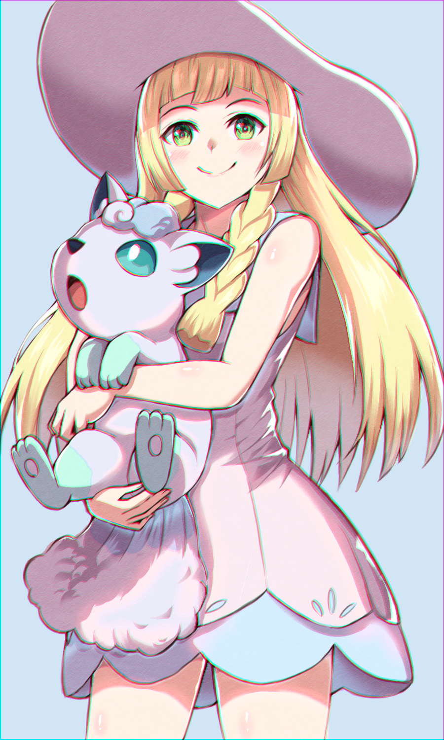 1girl alolan_form asada_yo blonde_hair blue_sailor_collar braid closed_mouth cowboy_shot dress gen_1_pokemon green_eyes hat highres holding holding_pokemon lillie_(pokemon) long_hair looking_at_viewer pokemon pokemon_(anime) pokemon_(creature) pokemon_sm_(anime) sailor_collar sailor_dress short_dress single_braid sleeveless sleeveless_dress smile solo standing sun_hat vulpix white_dress white_headwear