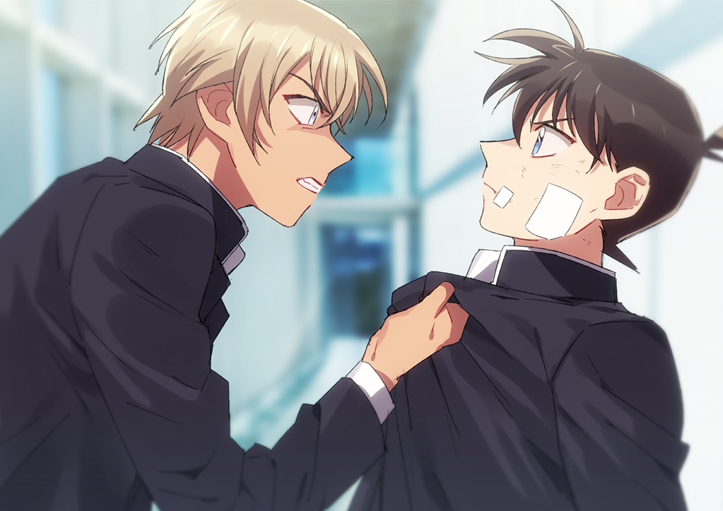 2boys amuro_tooru angry bandaid bandaid_on_cheek bandaid_on_face bangs black_jacket blonde_hair blue_eyes blurry blurry_background brown_hair clenched_teeth closed_mouth clothes_grab commentary_request confrontation eye_contact face-to-face faceoff from_side gakuran indoors jacket jacket_grab k_gear_labo kudou_shin'ichi long_sleeves looking_at_another male_focus meitantei_conan multiple_boys profile school school_uniform short_hair teeth upper_body what_if