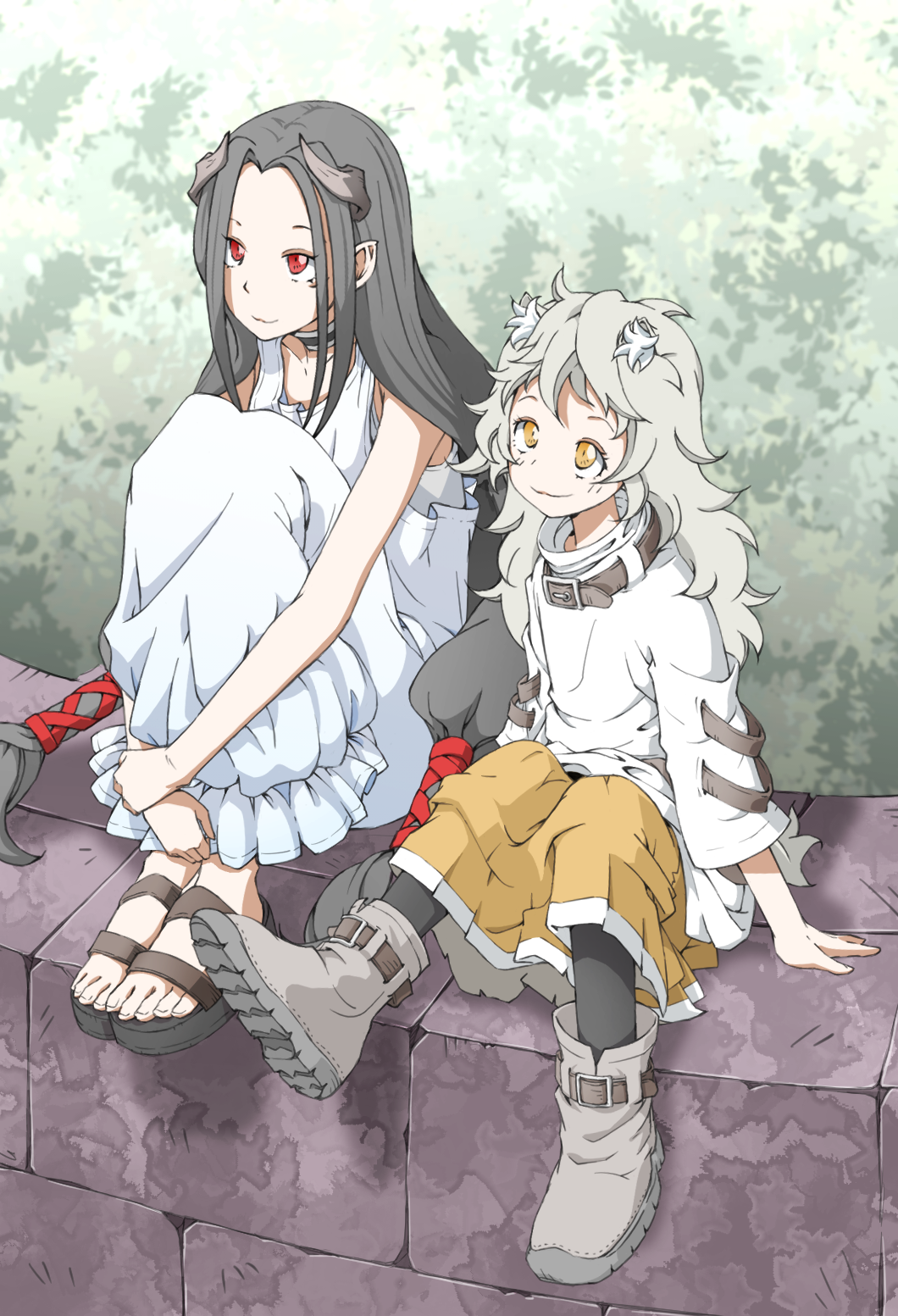 2girls ankle_boots bare_arms belt_collar black_legwear boots collar dress feet_together frilled_dress frills green_hair grey_footwear hands_together highres horns legs_together long_hair multiple_girls original red_eyes sandals shirt shoe_soles sitting_on_wall skirt sleeveless smile tagme user_yyzv8834 vegetation very_long_hair white_dress white_shirt yellow_eyes yellow_skirt