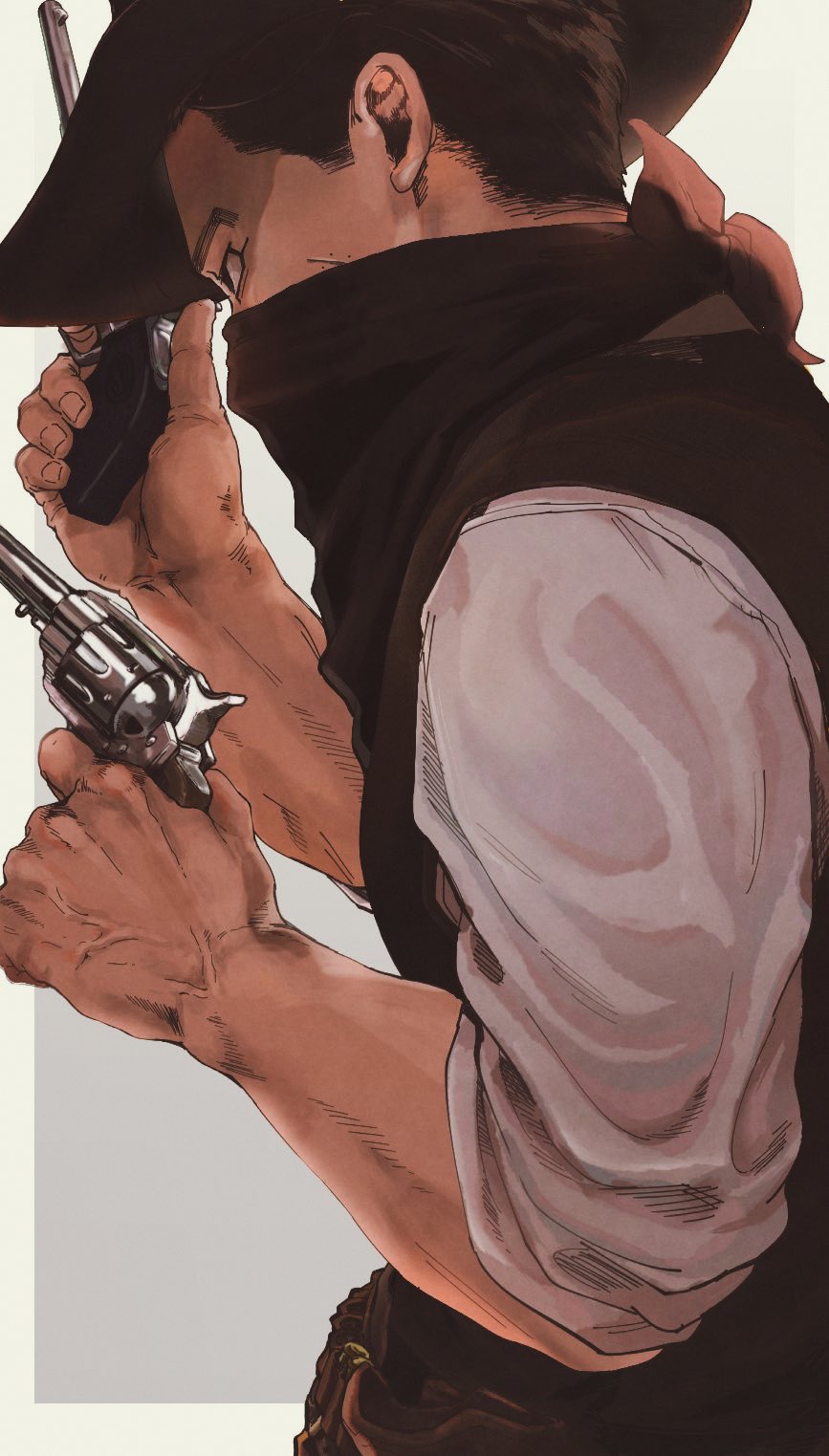 1boy alternate_costume black_eyes black_hair brown_headwear brown_vest commentary covering_mouth cowboy cowboy_hat from_side golden_kamuy grey_background gun handgun hat highres holding holding_gun holding_weapon looking_away male_focus mask mouth_mask ogata_hyakunosuke pistol revolver scar scar_on_cheek scar_on_face shirt short_hair simple_background sleeves_rolled_up solo standing symbol_commentary tonta_(tonta1231) upper_body vest weapon western white_shirt