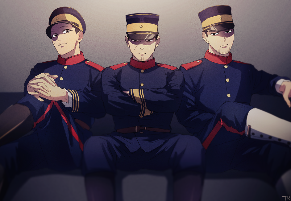 3boys belt black_eyes black_footwear black_hair blue_headwear blue_jacket blue_pants brown_belt buttons closed_mouth collared_jacket commentary_request couch crossed_arms crossed_legs eyeshadow facial_hair gaiters golden_kamuy grey_background hands_together hat imperial_japanese_army indoors jacket kepi light long_sleeves looking_at_viewer makeup male_focus military military_hat military_uniform mole multiple_boys ogata_hyakunosuke pants serious short_hair simple_background sitting smile star_(symbol) stubble tr_(lauralauraluara) tsukishima_hajime two-tone_headwear uniform usami_tokishige yellow_eyes yellow_headwear