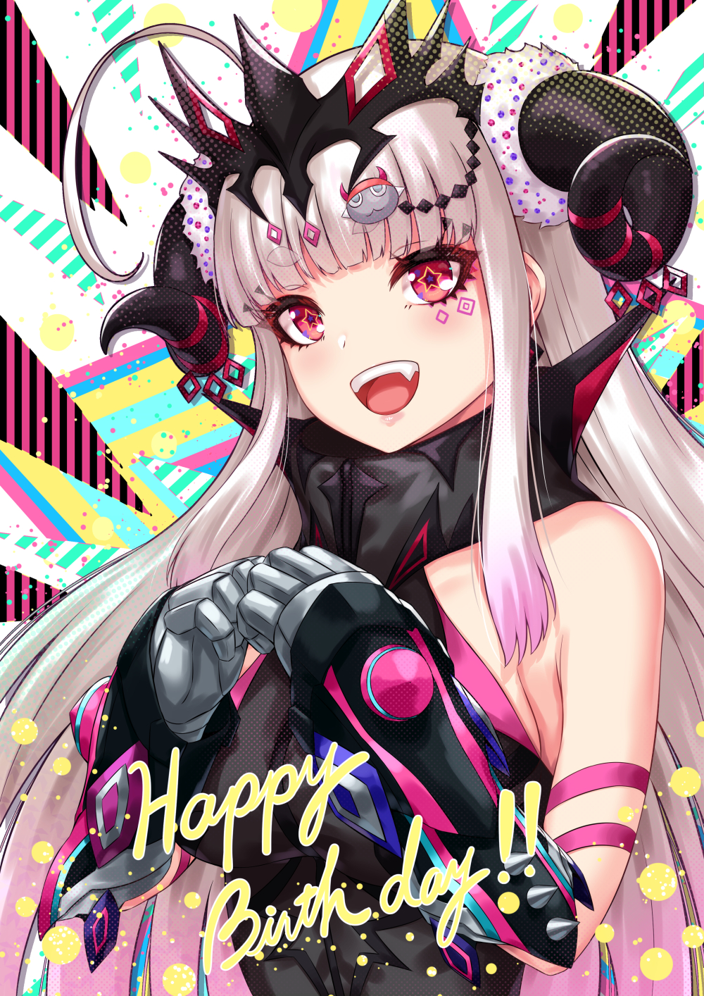 1girl :d ahoge bangs bare_shoulders black_dress black_horns blunt_bangs blush breasts commentary_request demon_horns dress eyebrows_visible_through_hair facial_mark fang gloves grey_scrunchie hair_ornament hair_scrunchie hands_up happy_birthday highres horns large_breasts long_hair looking_at_viewer multicolored multicolored_background open_mouth original pink_eyes sakiyamama scrunchie sleeveless smile solo star-shaped_pupils star_(symbol) symbol-shaped_pupils tagme teeth thick_eyebrows upper_body upper_teeth very_long_hair virtual_youtuber