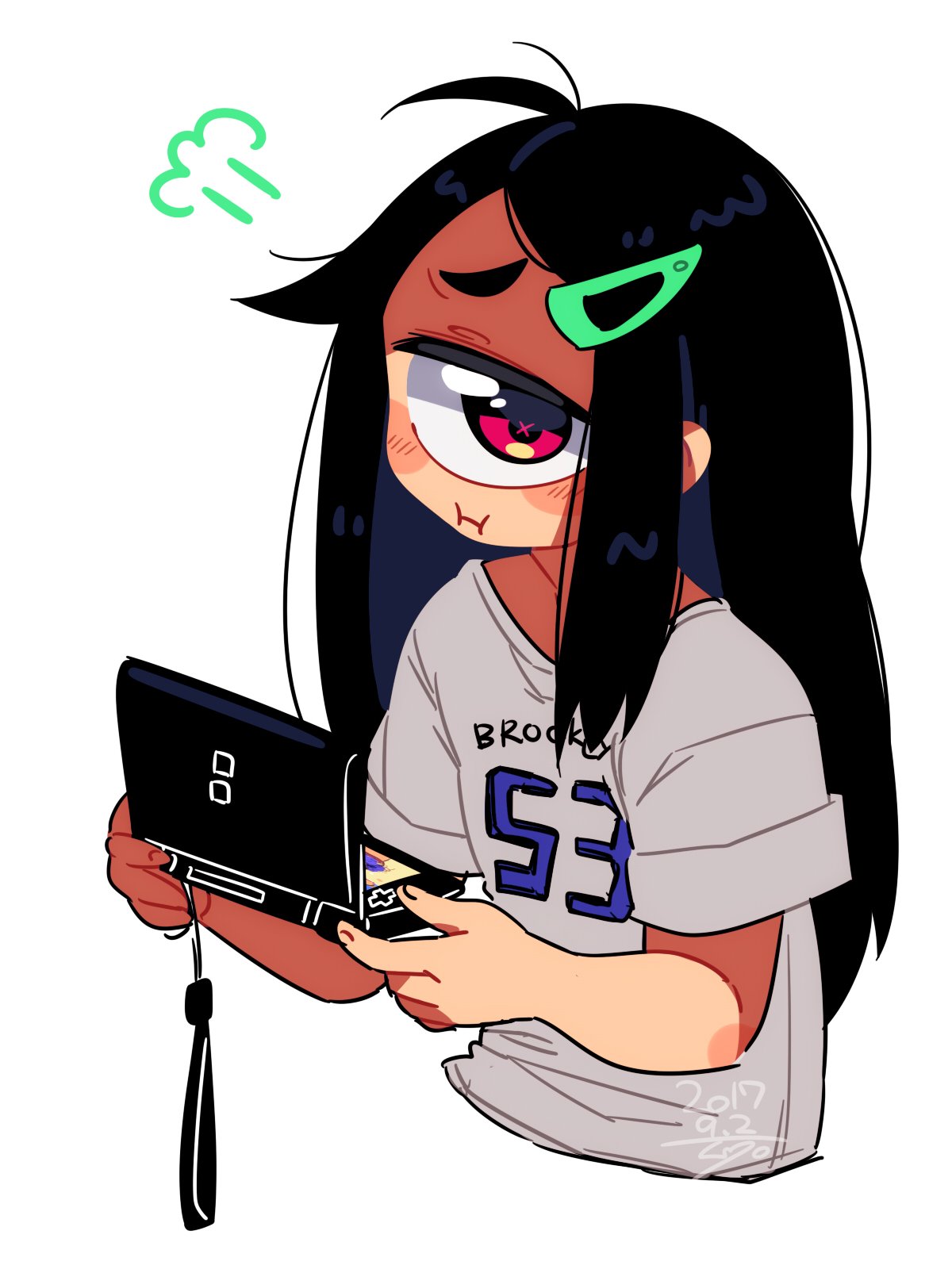 1girl :i :t =3 ahoge black_hair blush_stickers closed_mouth clothes_writing cropped_torso cyclops dated fingernails grey_background hair_ornament hairclip handheld_game_console highres holding holding_handheld_game_console long_hair looking_at_viewer muku-chan_(muroku) muroku_(aimichiyo0526) nintendo_ds one-eyed original pout red_eyes short_sleeves signature simple_background solo upper_body white_background x_x