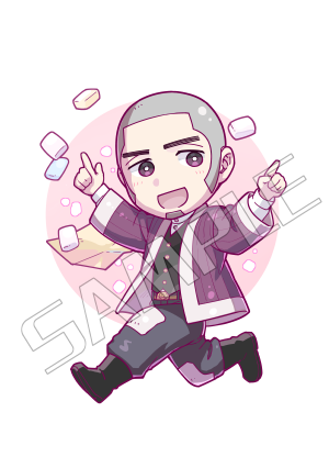 1boy :d arms_up belt belt_buckle black_footwear black_vest boots buckle buzz_cut chibi collar collared_shirt commentary facial_hair full_body goatee golden_kamuy grey_hair grey_pants inputanimeoutput jacket looking_at_viewer lowres male_focus open_clothes open_mouth pants purple_jacket running sample shiraishi_yoshitake shirt short_hair sideburns smile solo transparent_background very_short_hair vest white_shirt